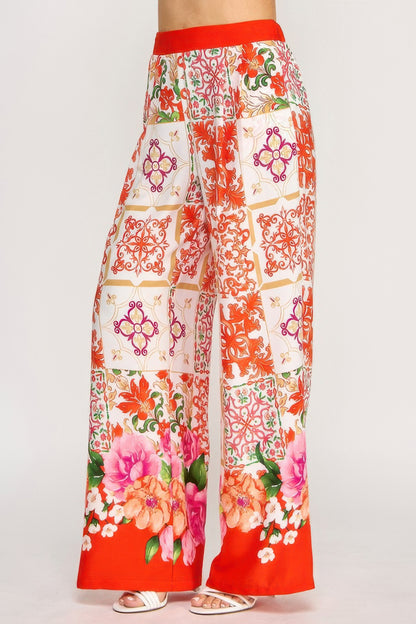Printed Wide Leg Pants With Elastic Back