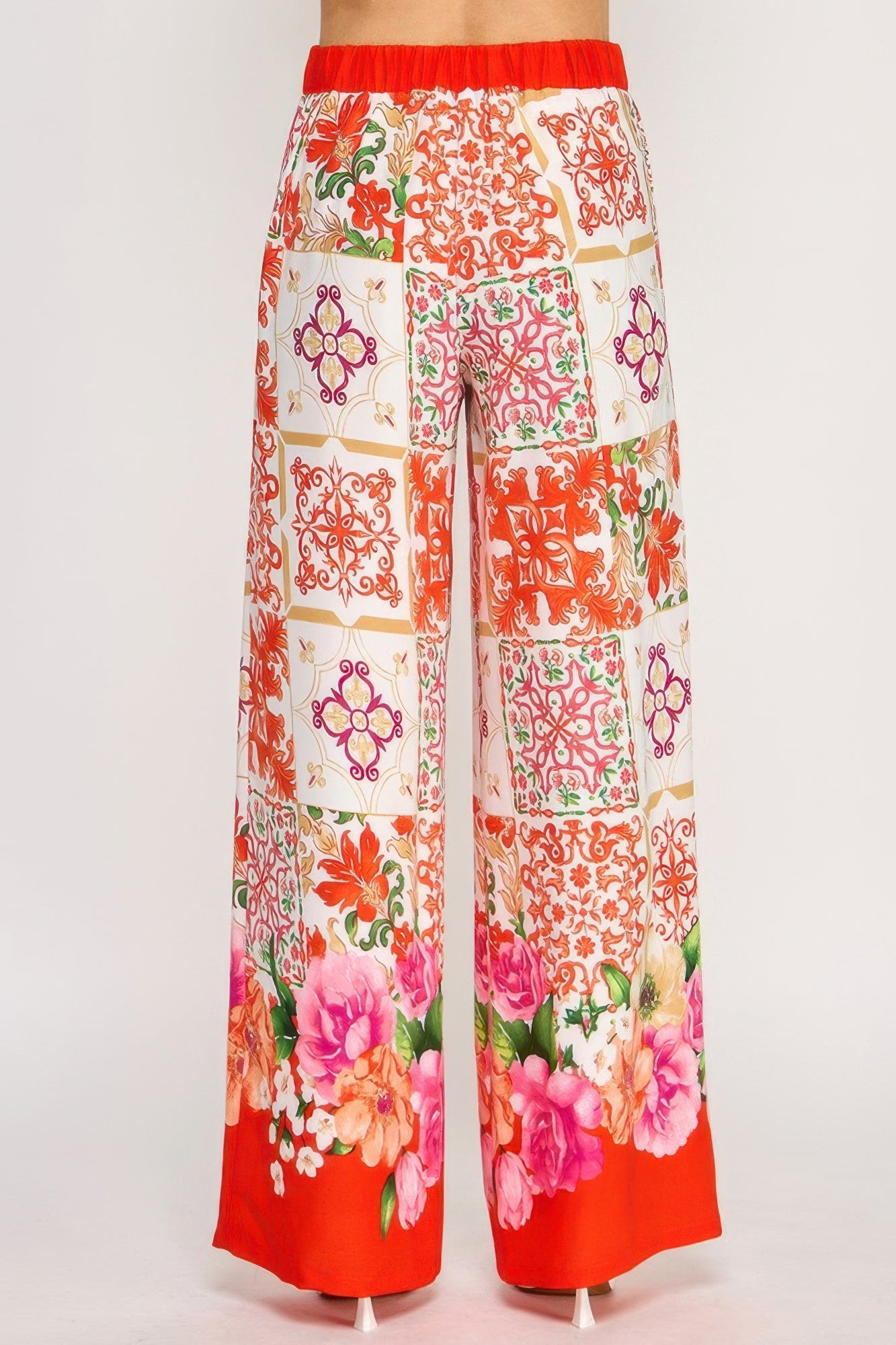 Printed Wide Leg Pants With Elastic Back