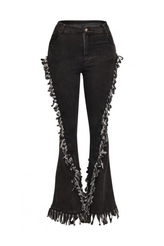 Distressed Fringe Denim Flared Pant
