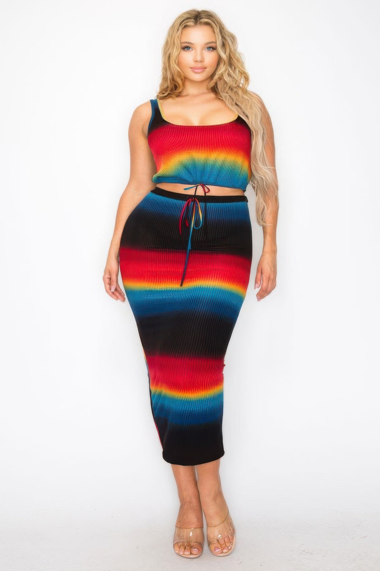 Plus Sleeveless Tie Dye Stripe 2 Piece Skirt Set