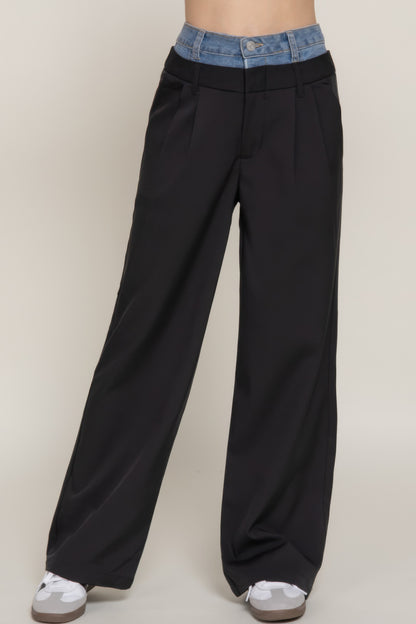Contrast Denim Waist Straight Long Pants       