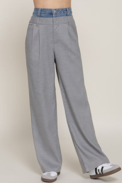 Contrast Denim Waist Straight Long Pants       