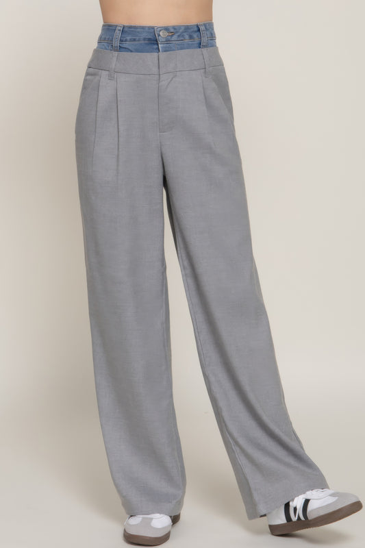 Contrast Denim Waist Straight Long Pants       