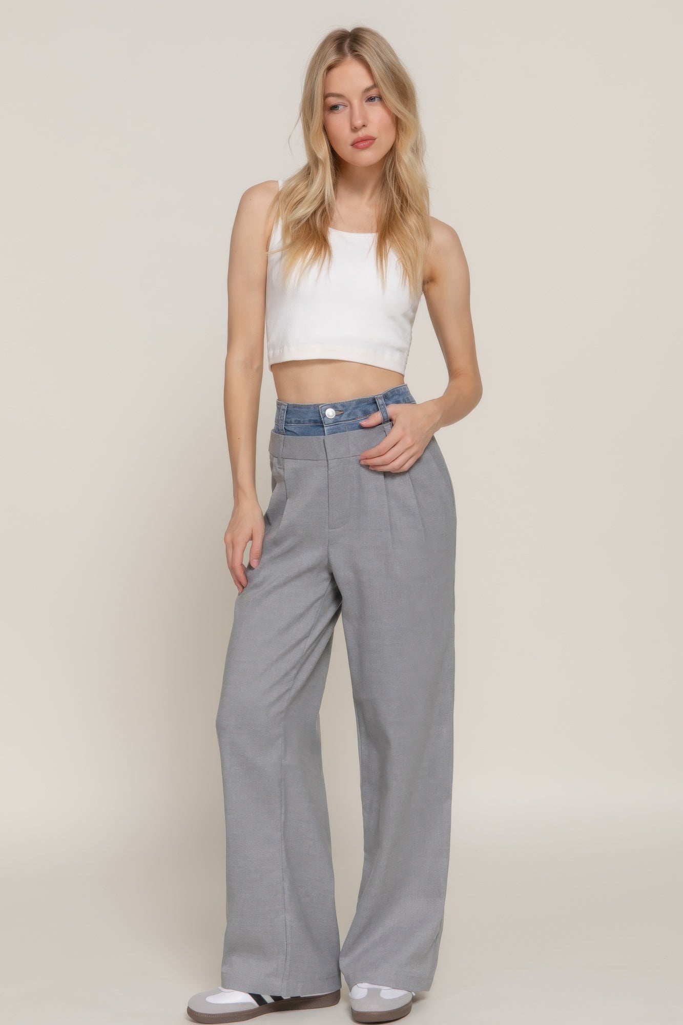 Contrast Denim Waist Straight Long Pants       