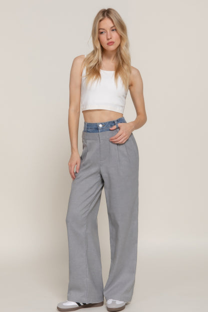 Contrast Denim Waist Straight Long Pants       