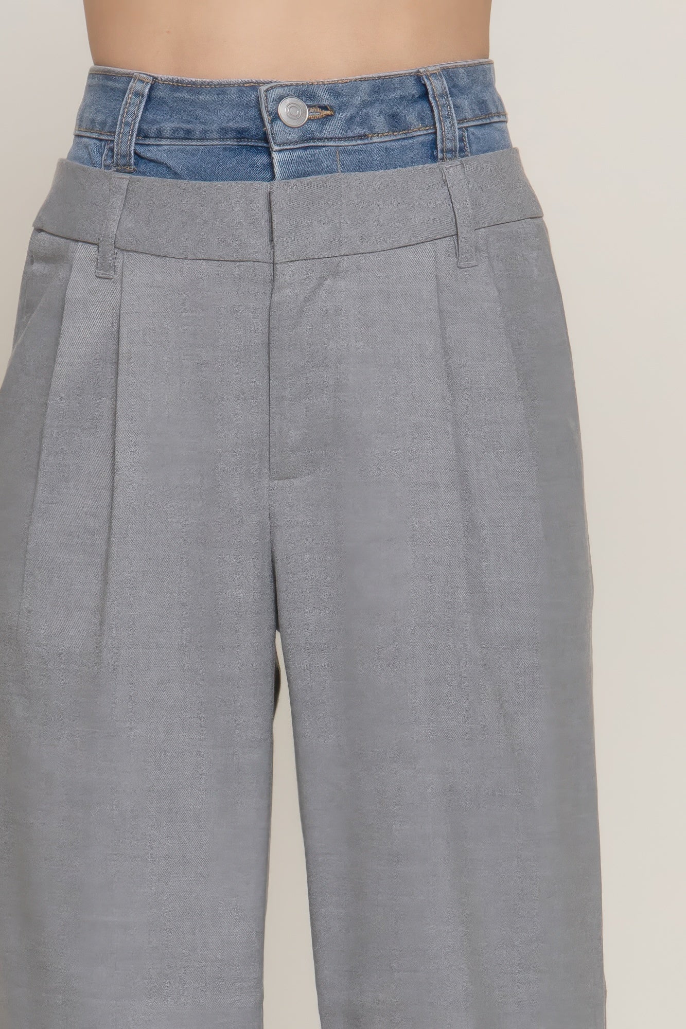 Contrast Denim Waist Straight Long Pants       