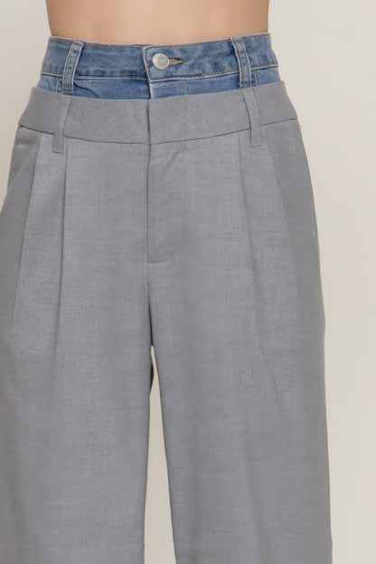 Contrast Denim Waist Straight Long Pants       