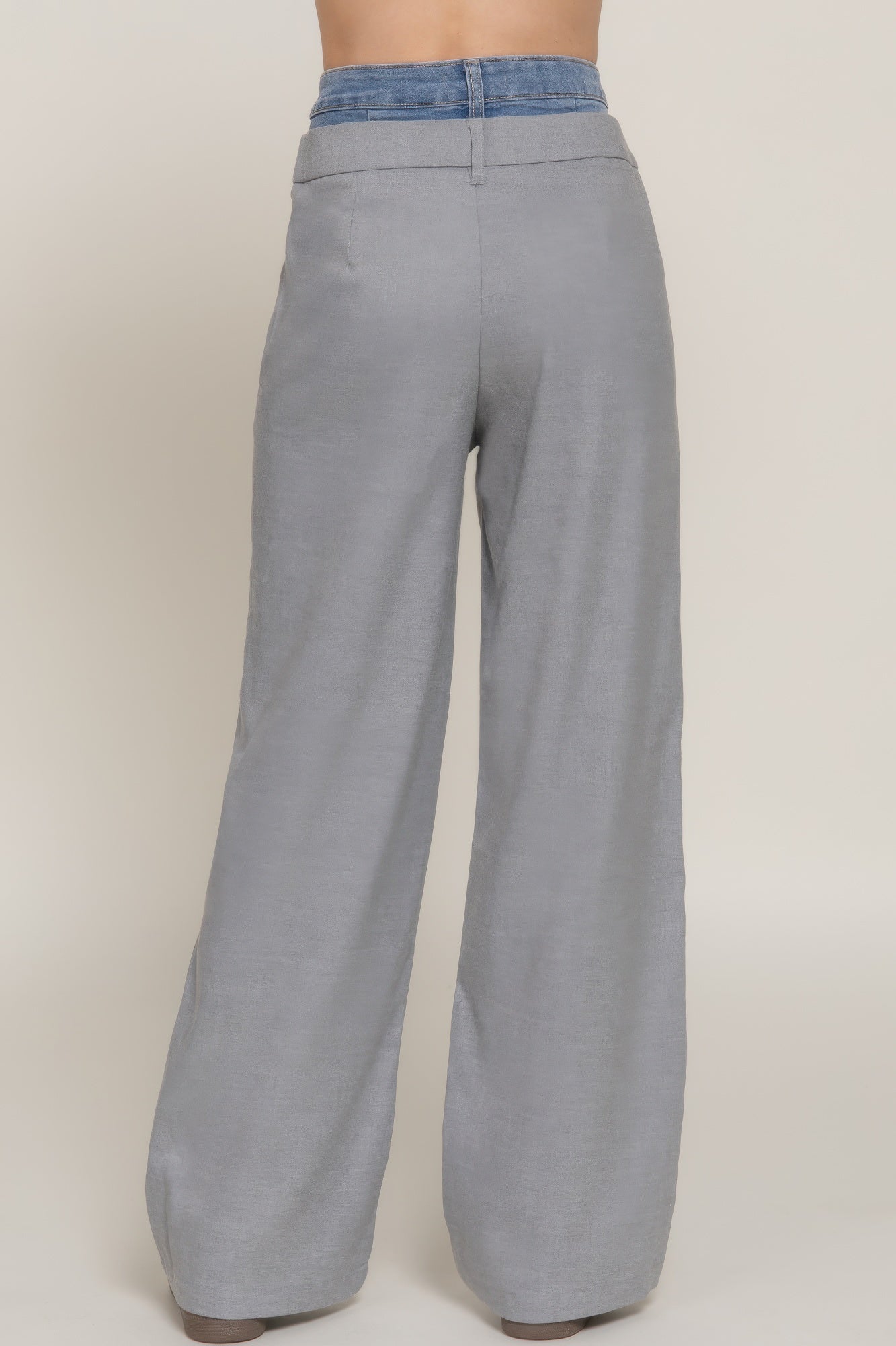 Contrast Denim Waist Straight Long Pants       