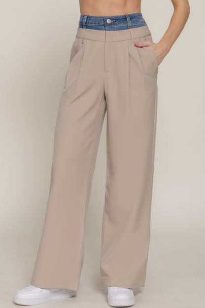 Contrast Denim Waist Straight Long Pants       