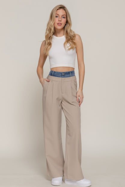 Contrast Denim Waist Straight Long Pants       