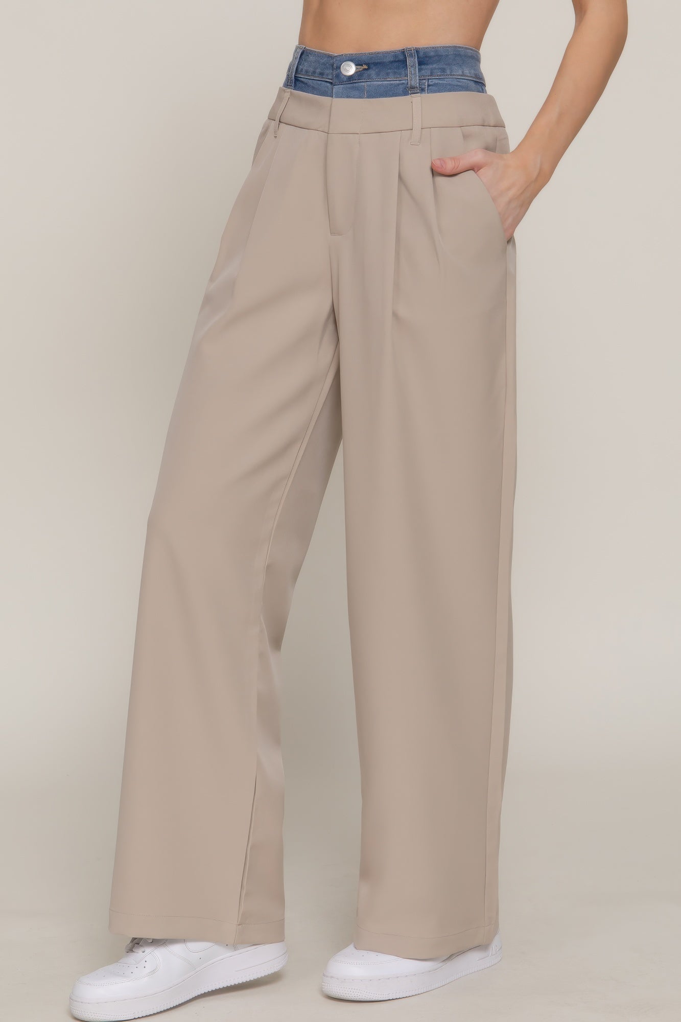 Contrast Denim Waist Straight Long Pants       