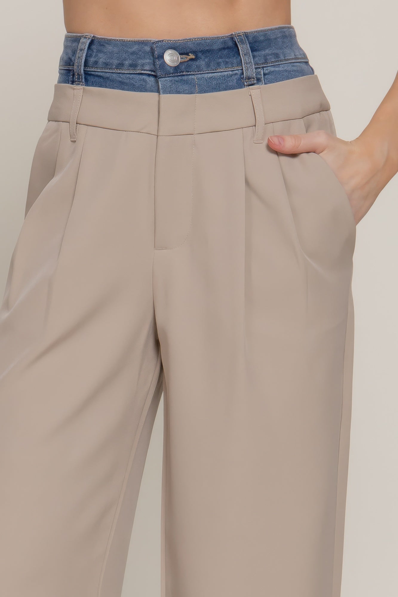 Contrast Denim Waist Straight Long Pants       