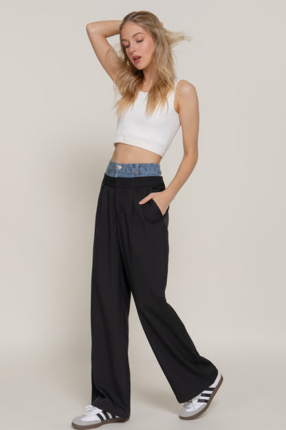 Contrast Denim Waist Straight Long Pants       