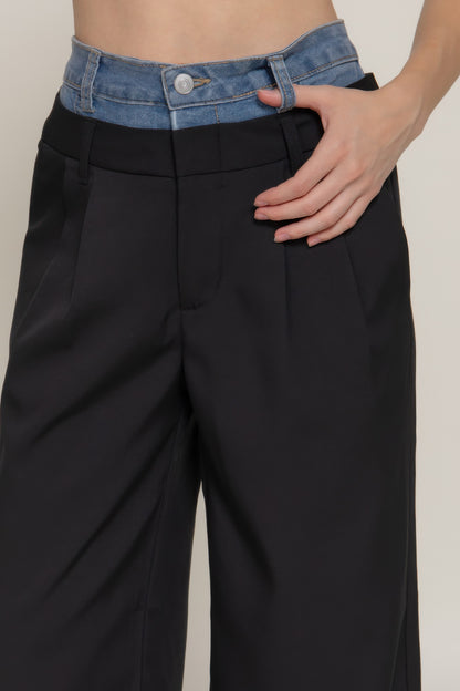 Contrast Denim Waist Straight Long Pants       