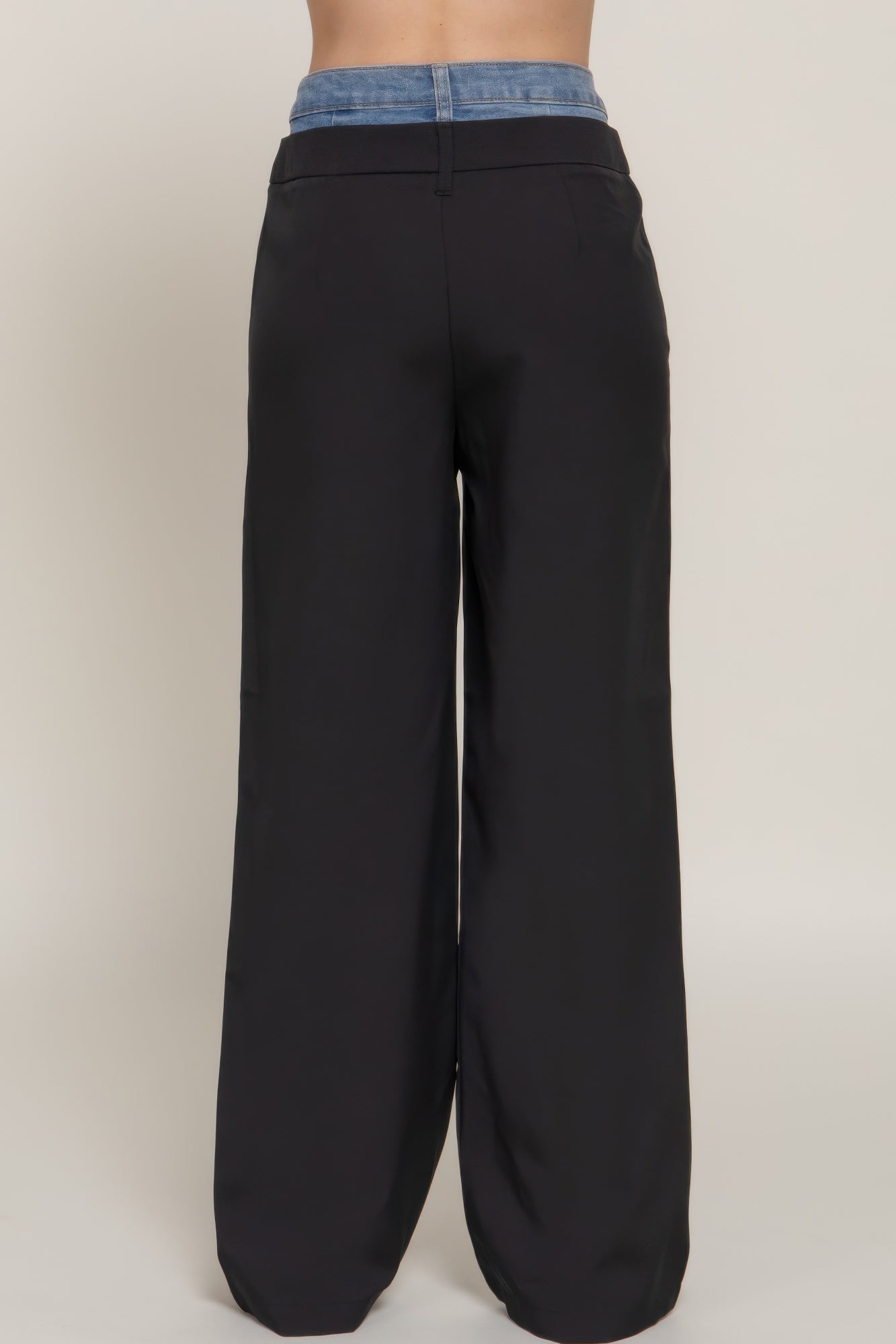 Contrast Denim Waist Straight Long Pants       