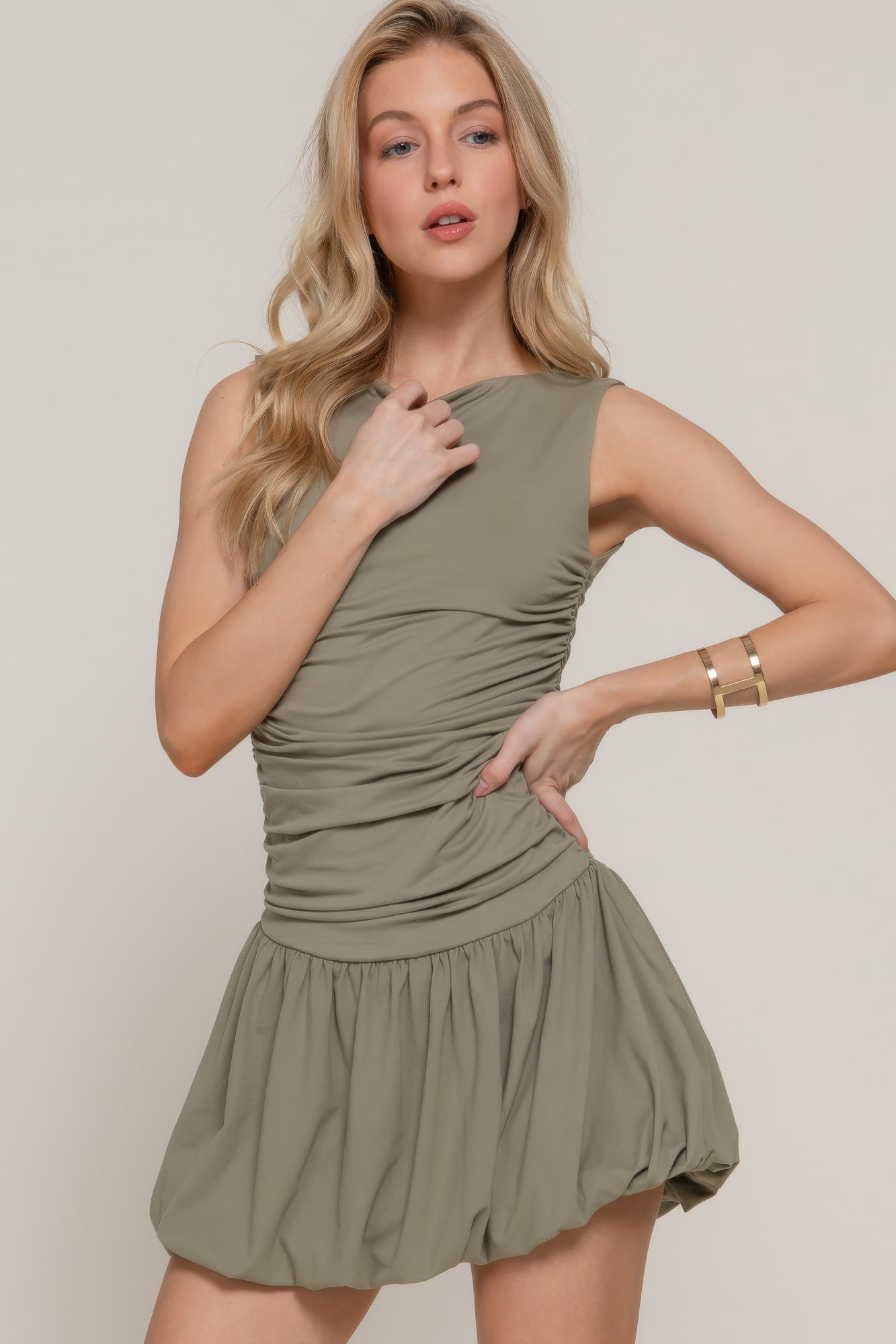 Sleeveless Boat Neck Voluminous Mini Dress      