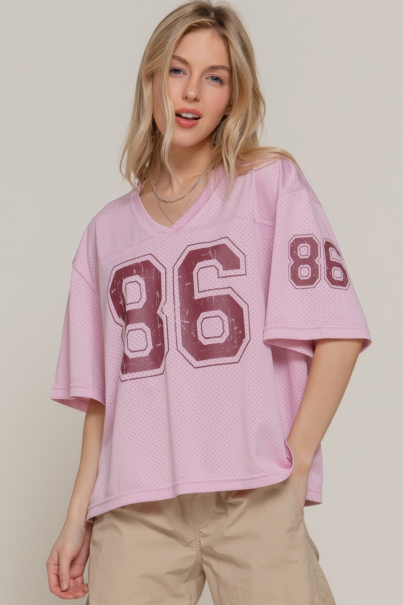 Silk Screen Print Mesh Oversize Basball T-shirt       