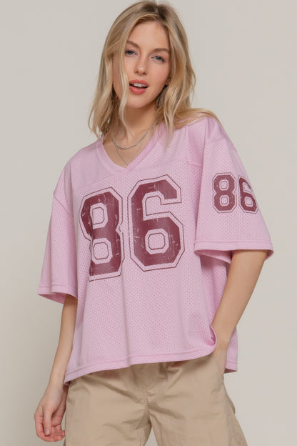 Silk Screen Print Mesh Oversize Basball T-shirt       