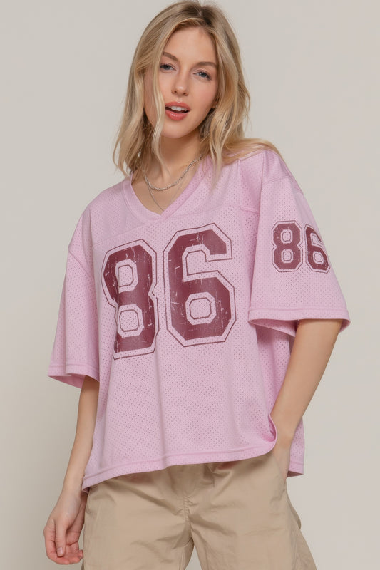 Silk Screen Print Mesh Oversize Basball T-shirt       