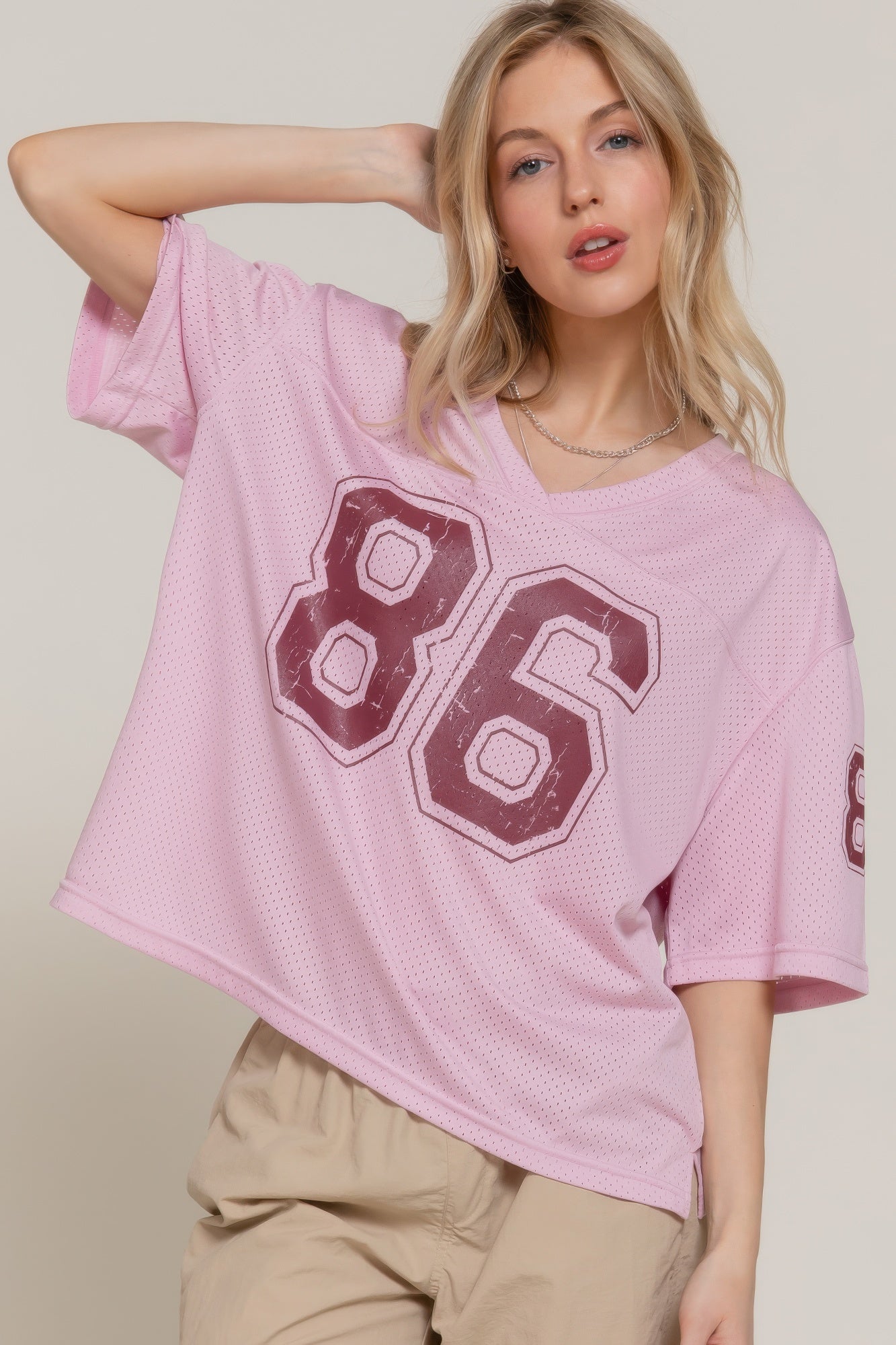 Silk Screen Print Mesh Oversize Basball T-shirt       