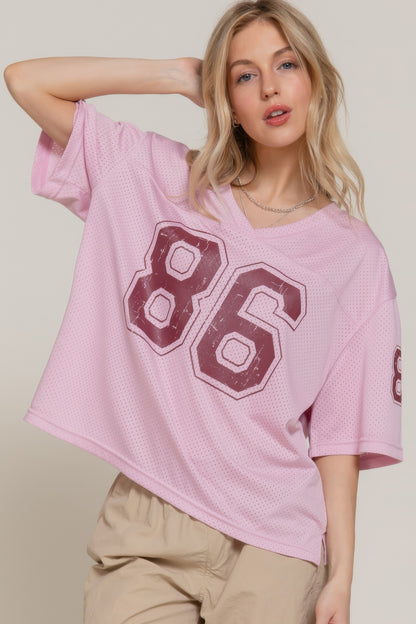 Silk Screen Print Mesh Oversize Basball T-shirt       