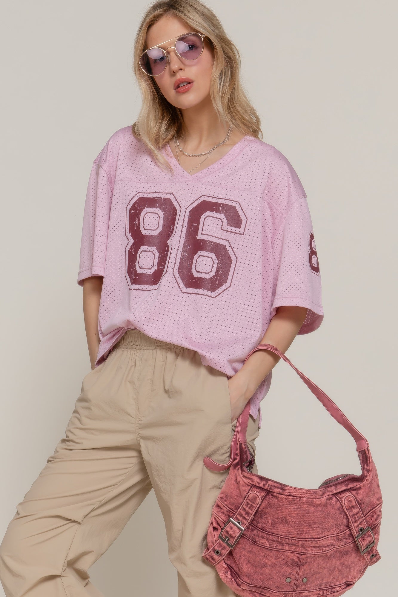 Silk Screen Print Mesh Oversize Basball T-shirt       