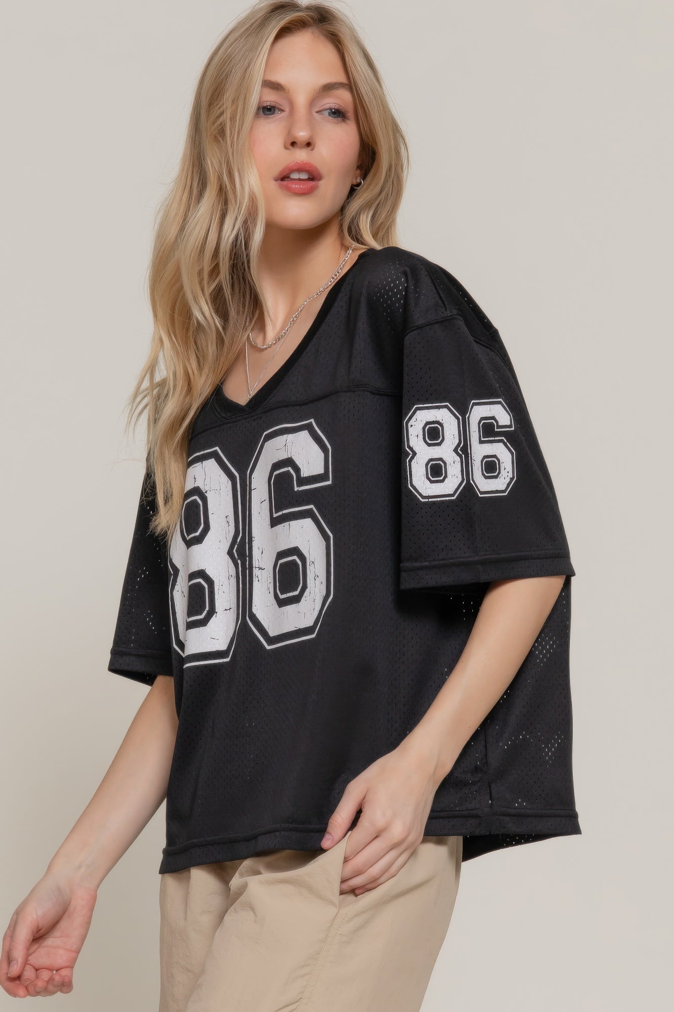 Silk Screen Print Mesh Oversize Basball T-shirt       
