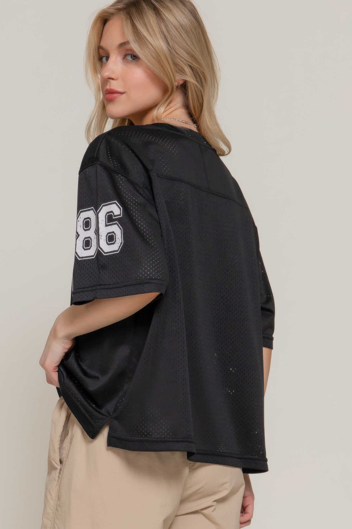 Silk Screen Print Mesh Oversize Basball T-shirt       