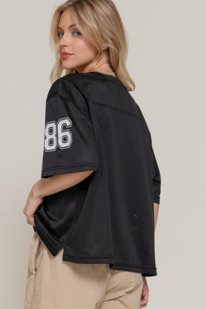 Silk Screen Print Mesh Oversize Basball T-shirt       