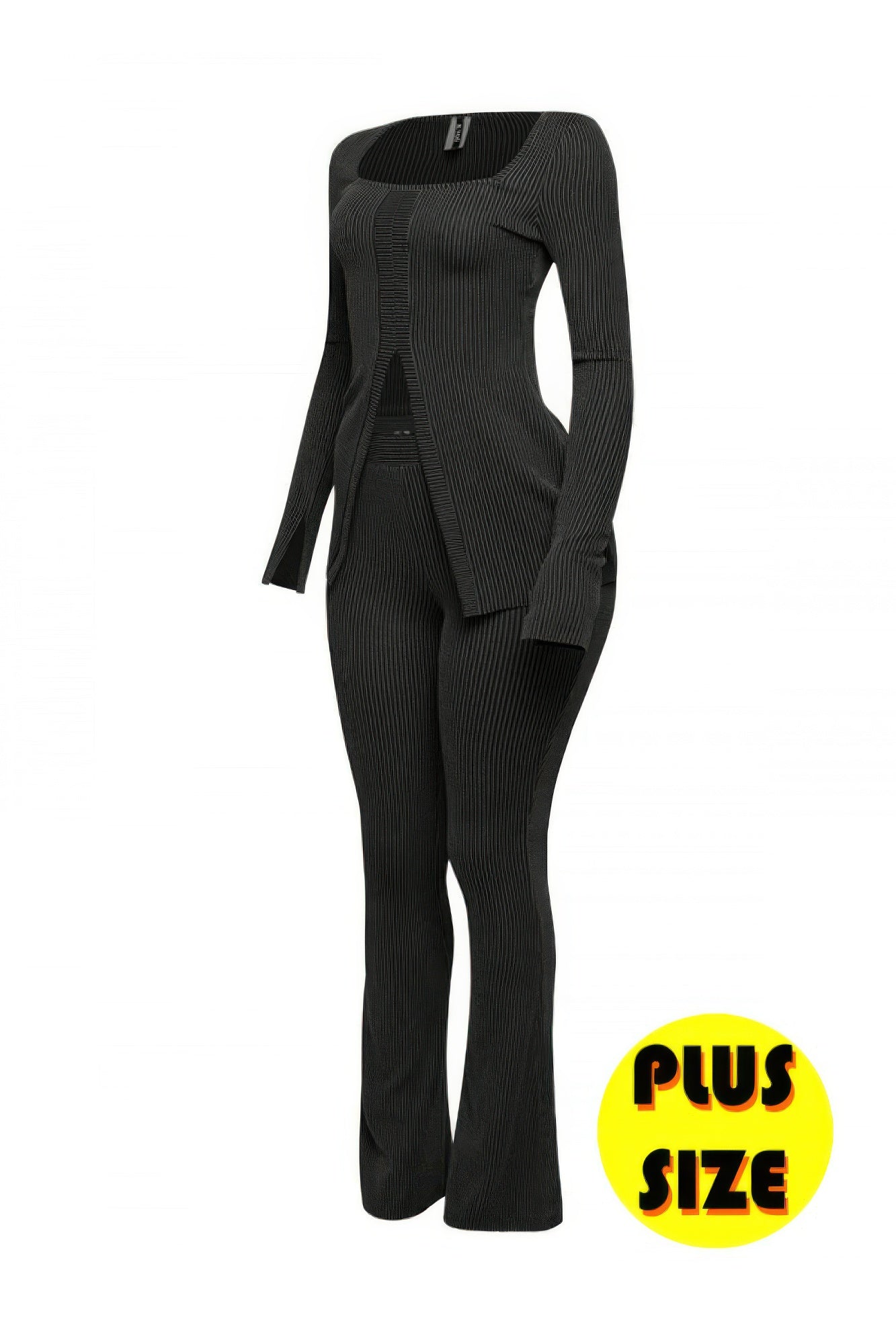 Plus Size Ribbed Pant Set With Slit Detail