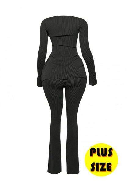 Plus Size Ribbed Pant Set With Slit Detail