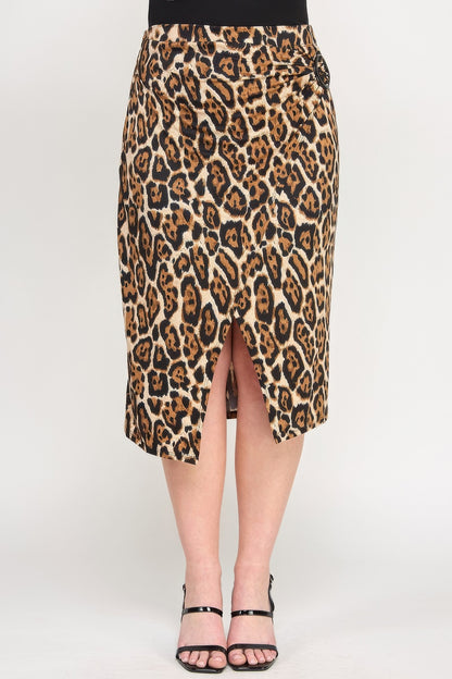Plus Leopard Prt Asym Skirt W/ Buckle