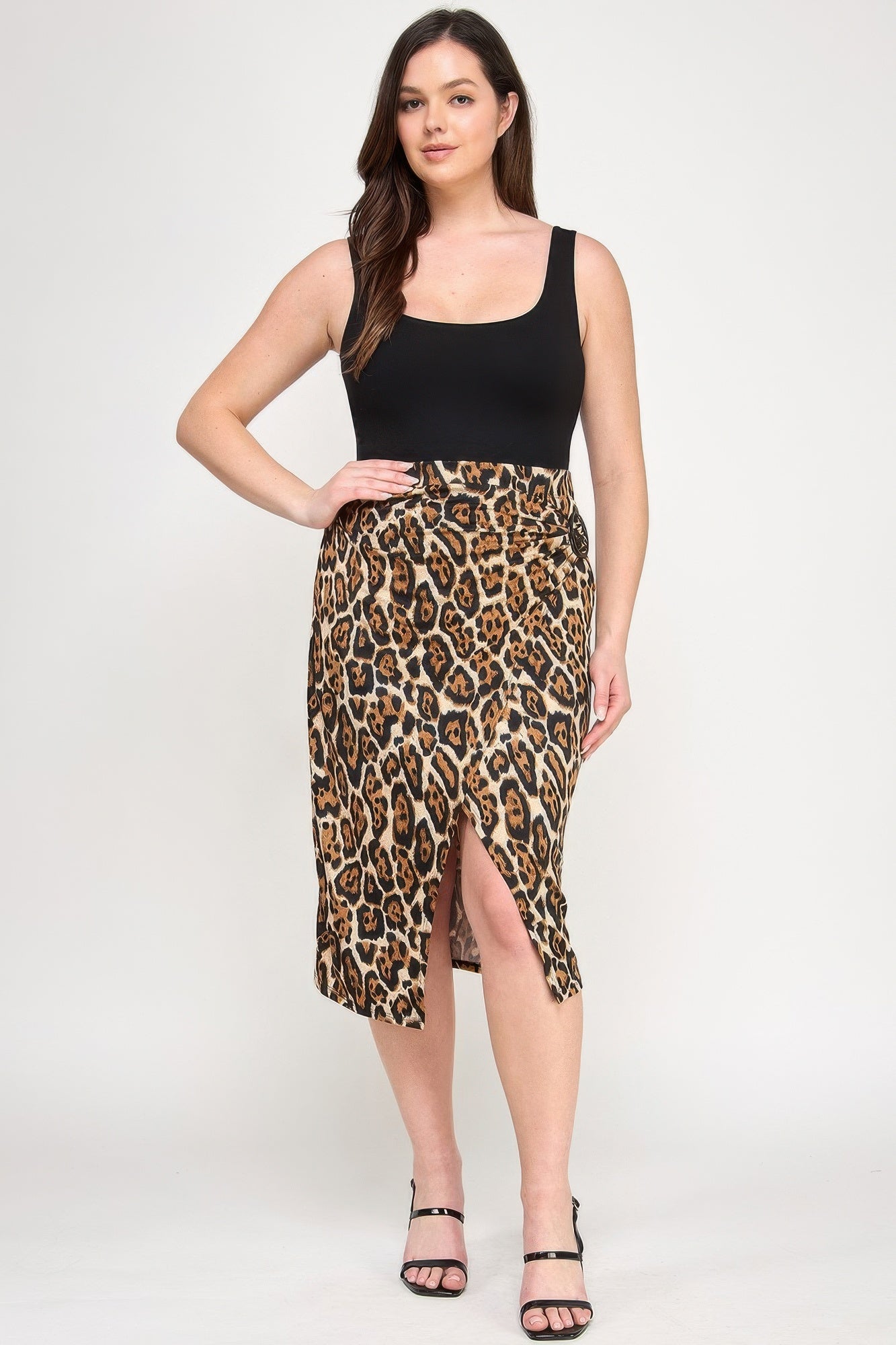 Plus Leopard Prt Asym Skirt W/ Buckle