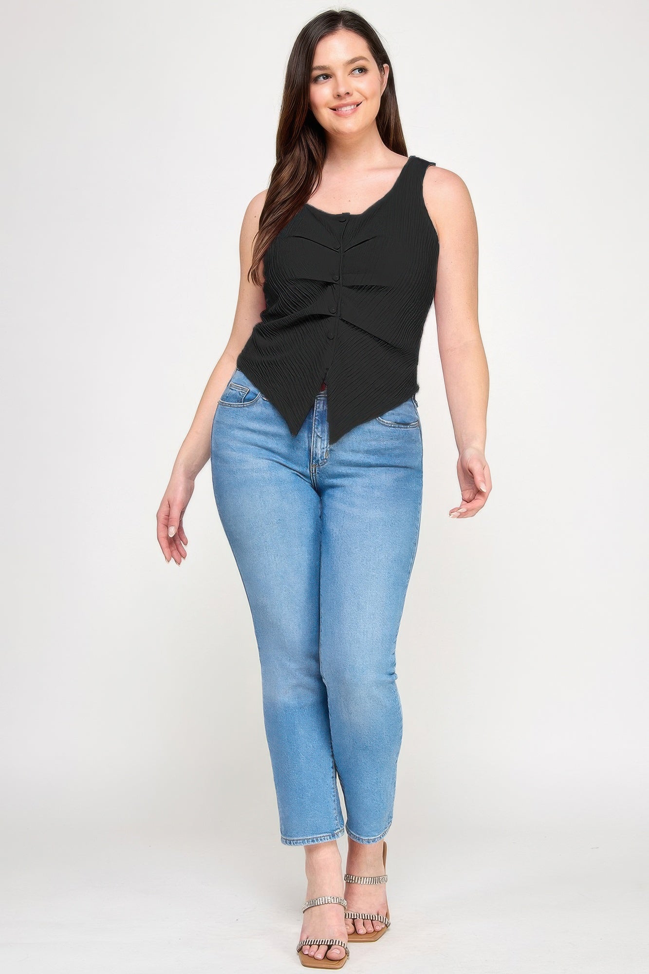 Plus Sleeveless Crinkle Knit Faux Button Down Top