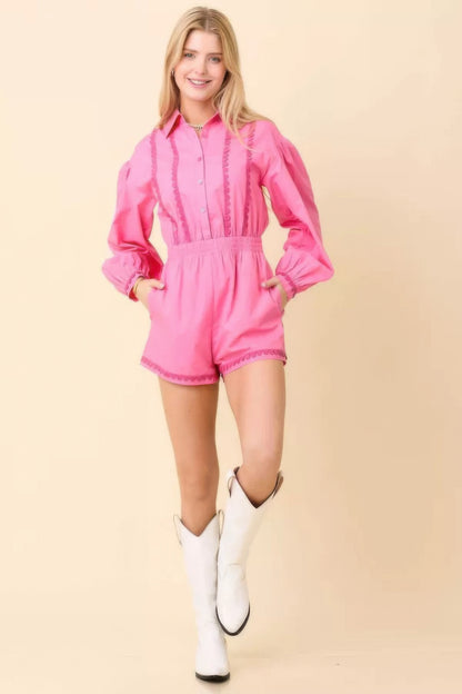 Long Sleeve Romper With Contrasting Scallop Lace