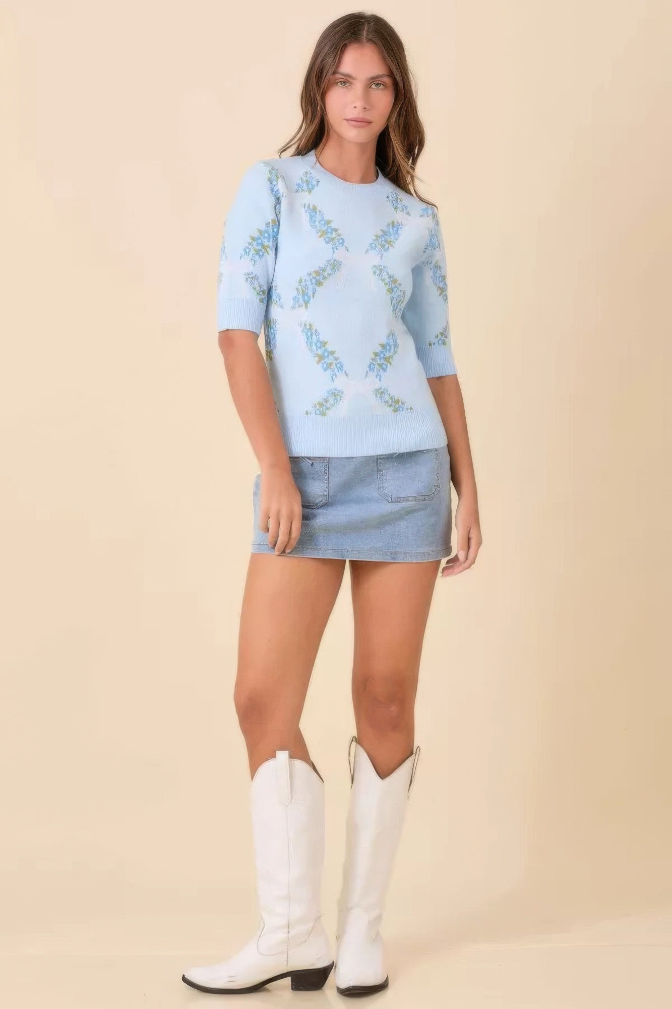 Floral Ribbon Print Sweater Knit Top