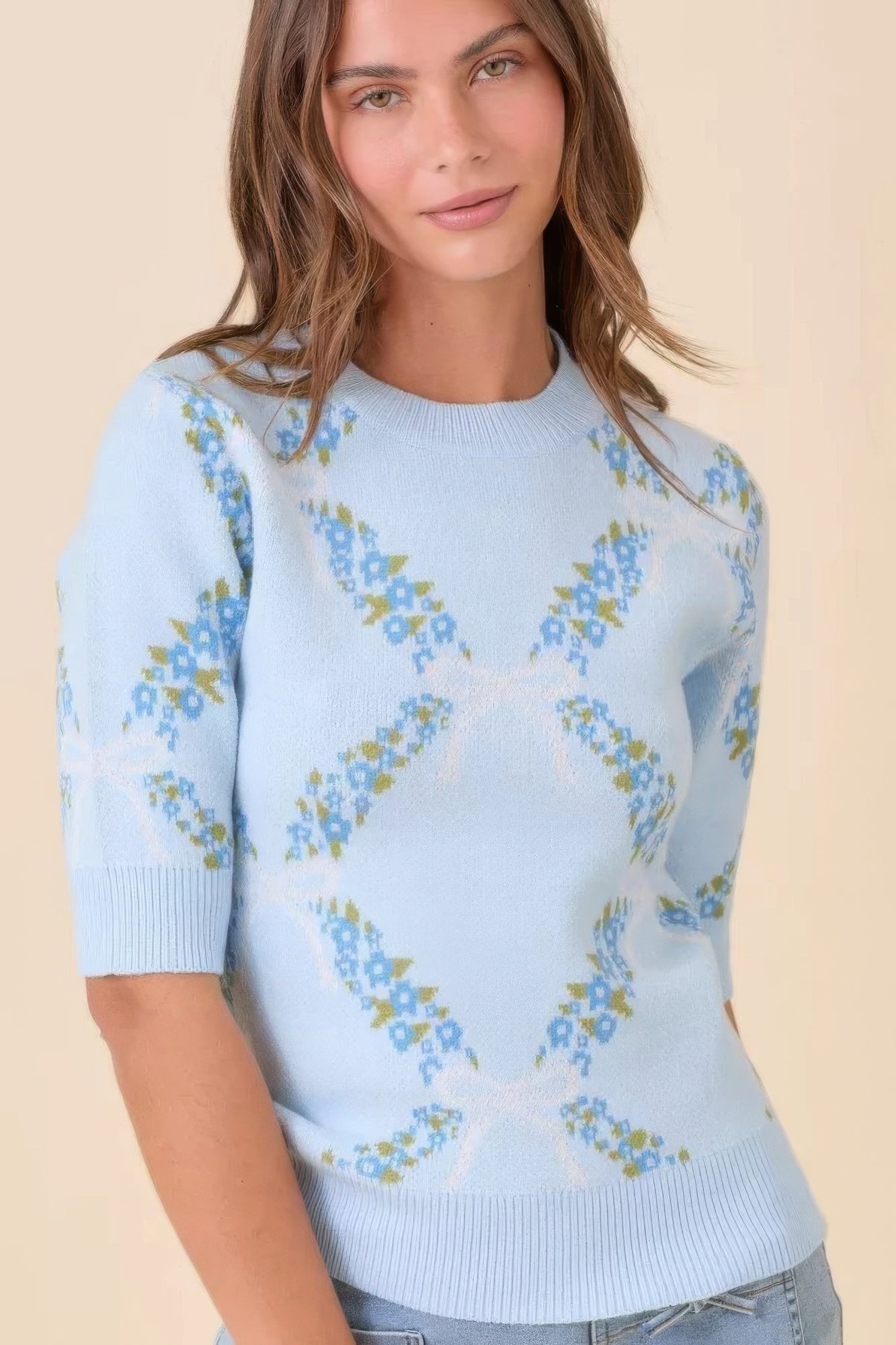 Floral Ribbon Print Sweater Knit Top
