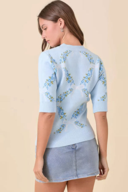 Floral Ribbon Print Sweater Knit Top