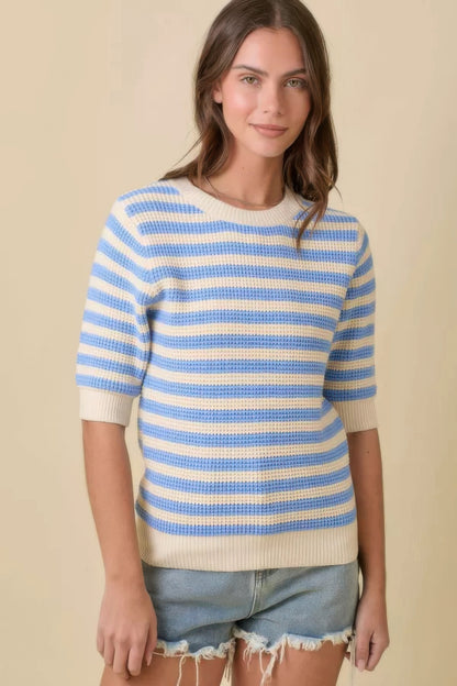 Short Sleeve Sweater Knit Stripe Top