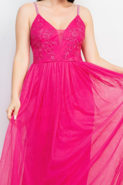Glittered Straps Mesh Tulle Maxi Dress