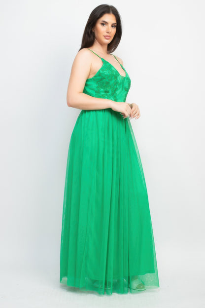 Glittered Straps Mesh Tulle Maxi Dress