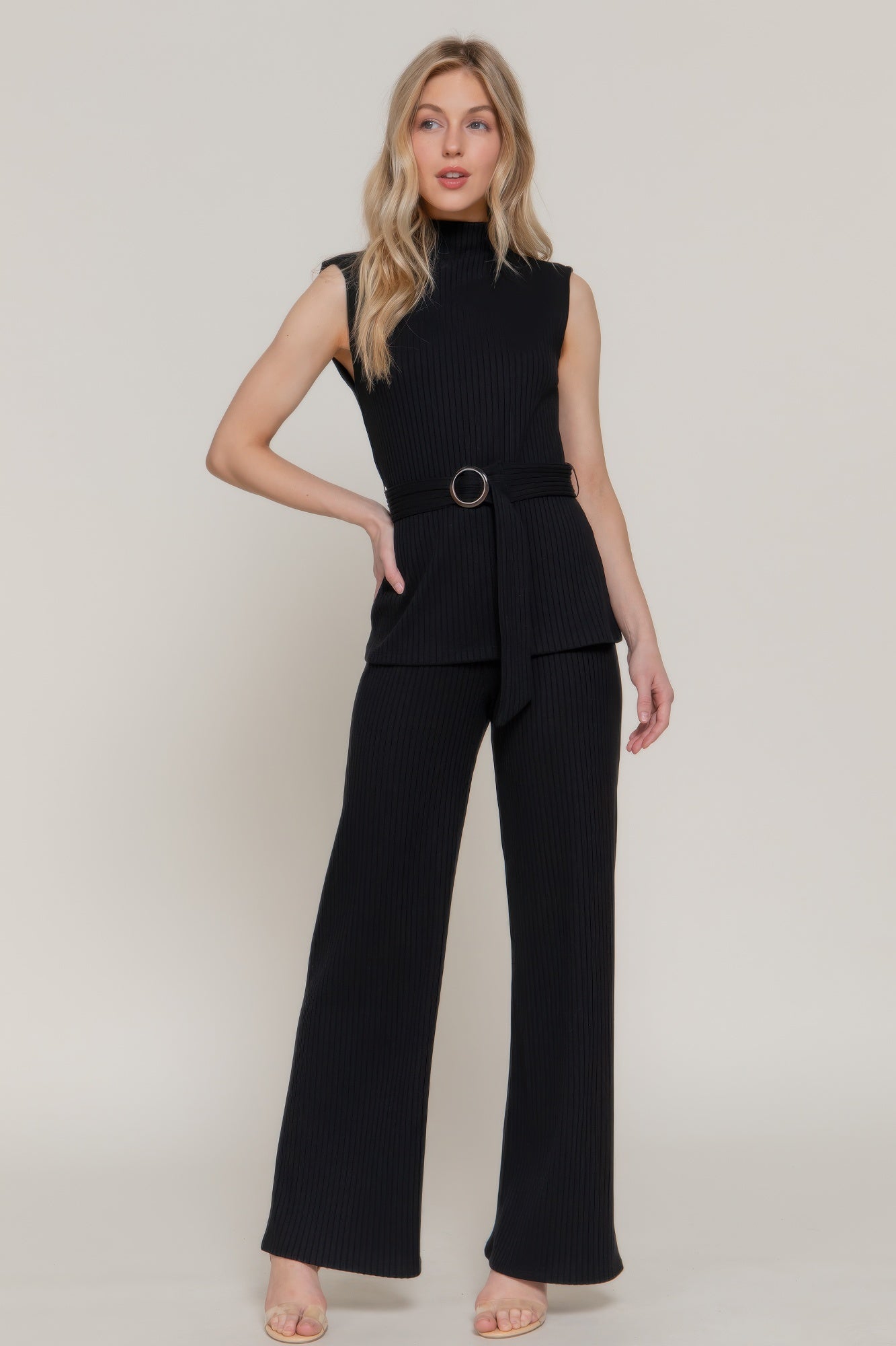 Sleeveless Mock Neck Waist Belt Rib Knit Top         
