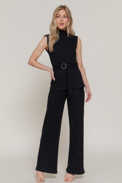 Sleeveless Mock Neck Waist Belt Rib Knit Top         