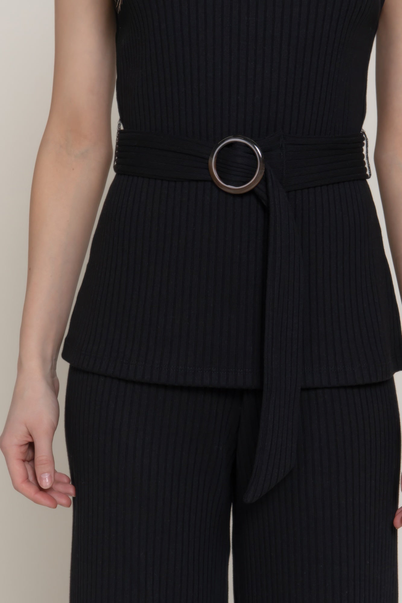 Sleeveless Mock Neck Waist Belt Rib Knit Top         