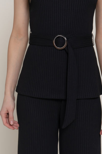 Sleeveless Mock Neck Waist Belt Rib Knit Top         