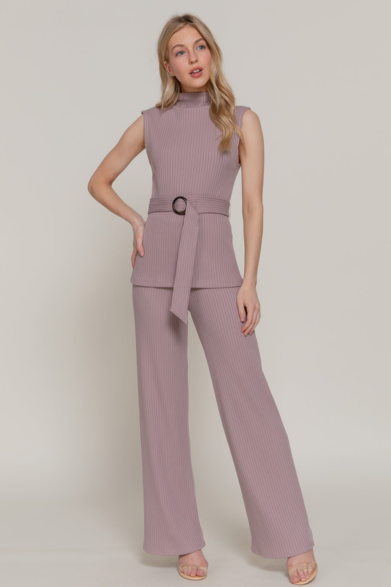 Sleeveless Mock Neck Waist Belt Rib Knit Top         