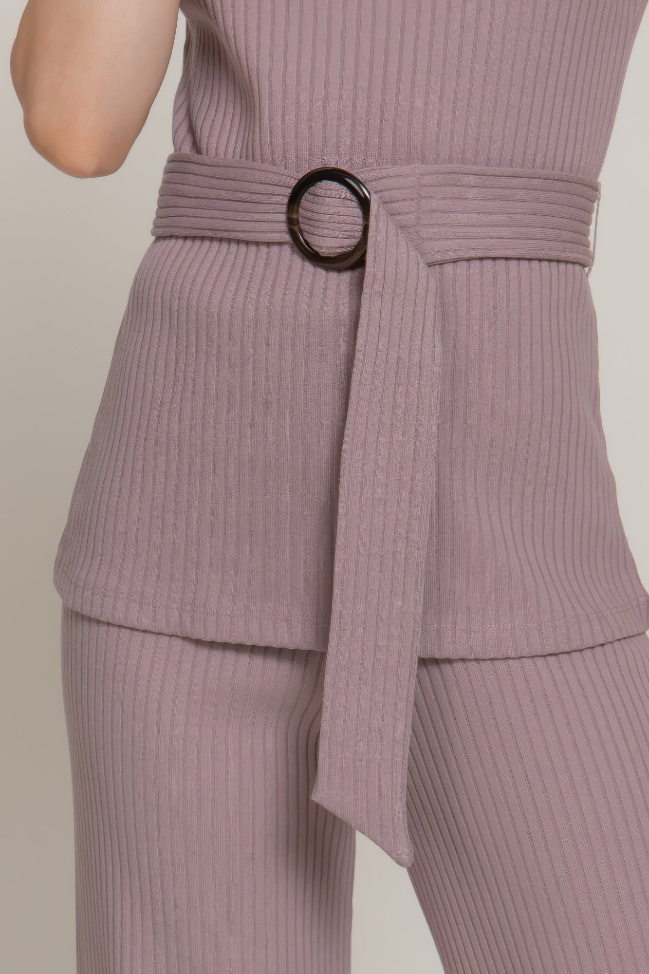 Sleeveless Mock Neck Waist Belt Rib Knit Top         