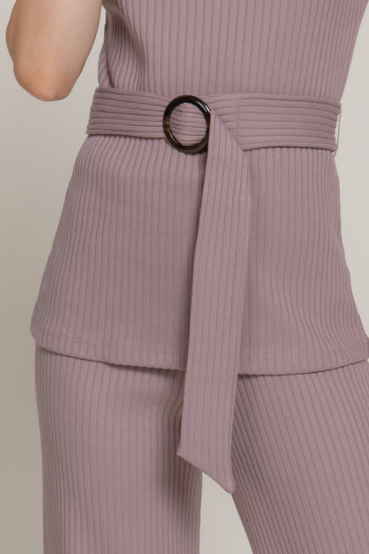 Sleeveless Mock Neck Waist Belt Rib Knit Top         