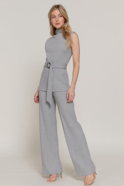 Sleeveless Mock Neck Waist Belt Rib Knit Top         