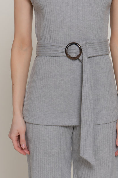 Sleeveless Mock Neck Waist Belt Rib Knit Top         